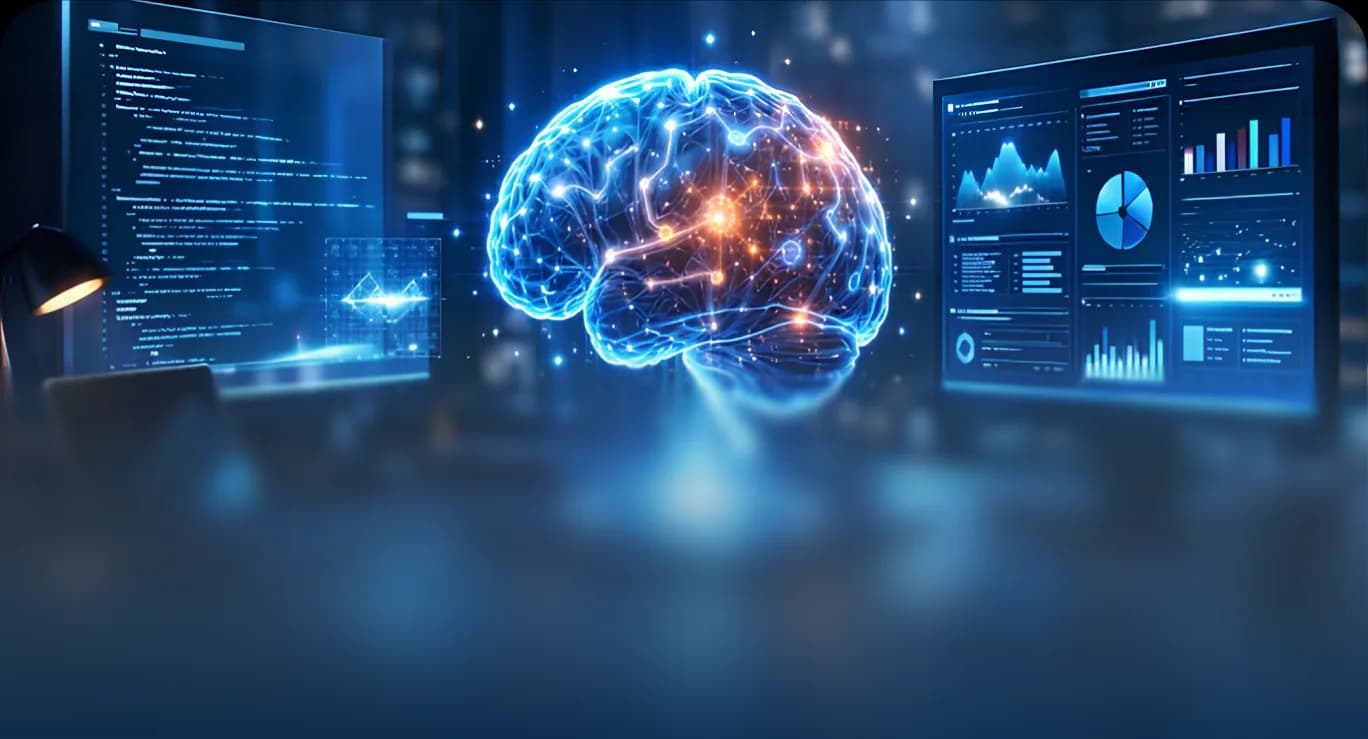 Glowing digital brain between screens of code and analytics dashboards