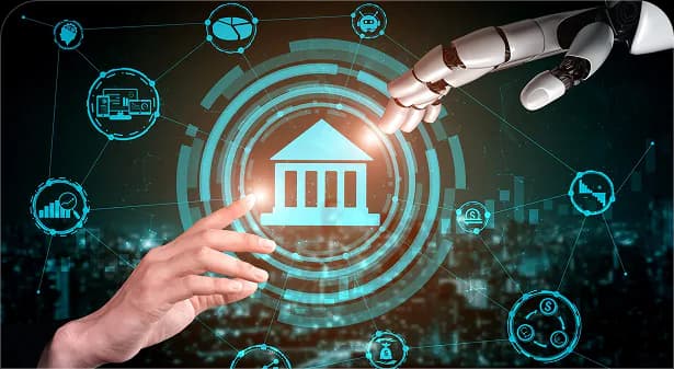 Human and robotic hands reaching toward a glowing government building icon