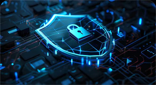 Glowing security shield and padlock over a circuit board