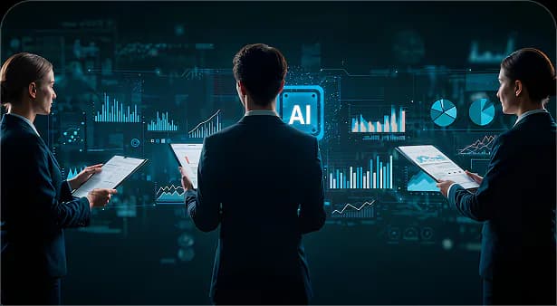 Business team reviewing AI dashboards and analytics