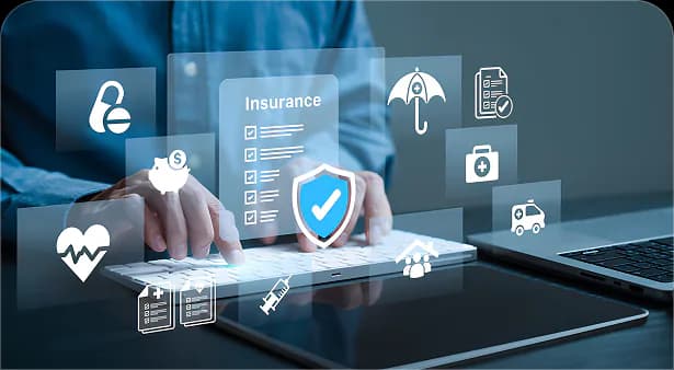 Insurance and security icons floating above a tablet