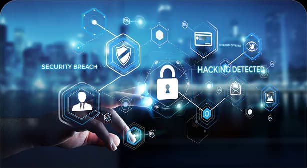 Hand touching a network of security icons with a 'hacking detected' alert