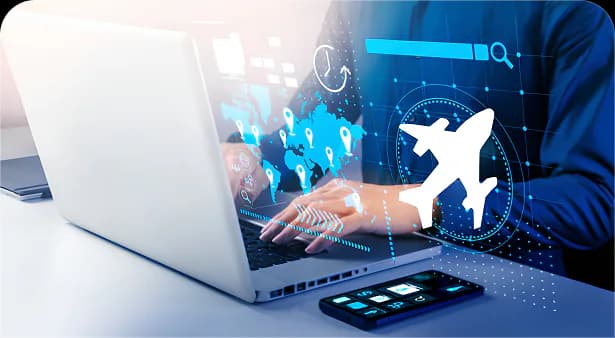 Laptop with travel booking and security icons